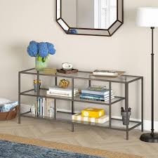 Aged Steel Tv Stand With Glass Shelves