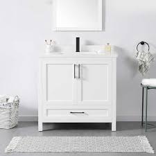 White floating vanities reflect modern and clean design. Ove Decors Lourdes 36 Bath Vanity