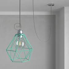 Shabby Chic Swag Lamp Pendant Light With Turquoise Diamond Light Bulb Cage Gray Natural Linen Color Cord Creative Cables
