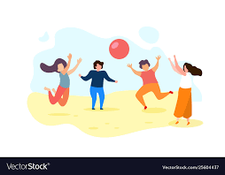 Happy Cartoon Group Children Play Ball Outdoors