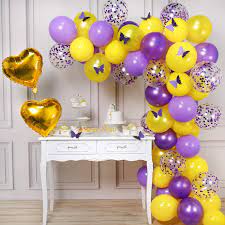 Purple and yellow balloons images. Putwo Butterfly Party Balloons Pack Of 62 Purple Balloons Yellow Balloons Purple Confetti Balloons Heart Foil Balloon Gold And Purple Butterfly Paper Butterfly Party Amazon De Toys Games