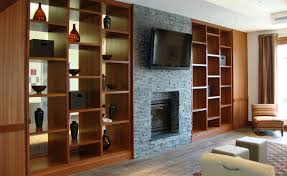 Stacked Stone Fireplace With Built Ins