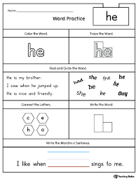 Free blank writing practice worksheet for kindergarten kids, teachers, and parents. High Frequency Word He Printable Worksheet Myteachingstation Com