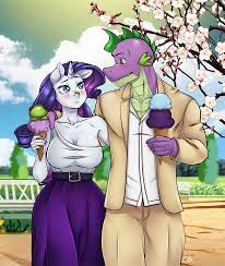 3151984 - safe, artist:pia-sama, rarity, spike, dragon, unicorn, anthro,  blushing, breasts, busty rarity, cleavage, female, food, height difference,  ice cream, looking at each other, looking at someone, male, mare, nail  polish, older,