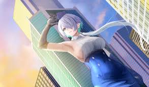 yamaneko (tkdrumsco), brid (nikke), goddess of victory: nikke, commentary  request, 1girl, arm above head, armpits, black gloves, blue eyes, blue  headwear, blue necktie, breasts, colored inner hair, covered navel,  earrings, elbow gloves,
