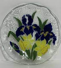 Blue Iris Flower Fused Glass Plate Art