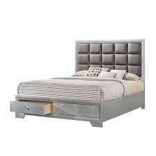 silver upholstered queen platform bed