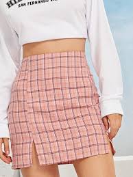 Random Plaid Side Slit Sheath Skirt