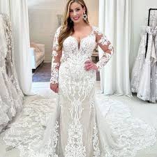 Mermaid Plus Size Wedding Dresses Long Sleeve V Neck Lace Appliques Sweep  Train | eBay