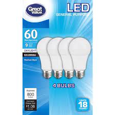 Lumen output & find your led bulbs here. Great Value Led Light Bulbs 9w 60w Equivalent Daylight 4 Count Walmart Com Walmart Com