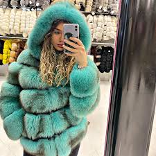 Real Fox Fur Coat Hooded Winter Thick