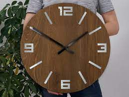 Wood Wall Clock Dark Oak Silver Numbers