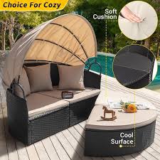 Tozey Chillrest Black Rattan Wicker Outdoor Patio Round Daybed With Retractable Canopy And Beige Cushions