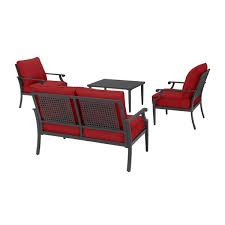 Hampton Bay Braxton Park 4 Piece Black Steel Outdoor Patio Conversation Deep Seating Set With Cushionguard Chili Red Cushions