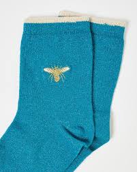 bee embroidered blue ankle socks