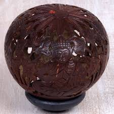Coconut Shell Sculpture On Stand With Buddha Carving Buddhas Lore