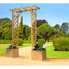 wooden garden arch with planters