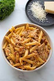 This creamy pasta dish gains most of its big flavour from chorizo it colours the creamy pasta sauce and infuses it. Creamy Chicken And Chorizo Pasta So Easy Hint Of Healthy