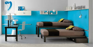 shared kids room in brown and blue