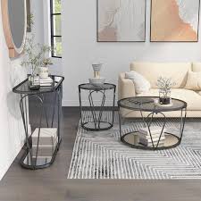 Furniture Of America Orrum 31 25 In Black Nickel And Gray Round Glass Coffee Table Set 3 Piece