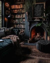 A Dark Living Room With A Fireplace And