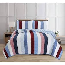 Cozy Line Home Fashions Stripes Stars Sailor Navy Patriotic Nautical 2 Piece Red Blue White Cotton Twin Quilt Bedding Set Blue White Red