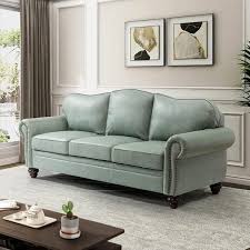 Artful Living Design Macimo 81 In Wide Rolled Arms Rectangular Genuine Leather Camelback Straight Sage Sofa In Green