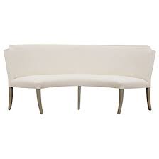 Modern classic curved back dining bench upholstered with blue velvet decking and geometric patterned loose cushion. Dining Benches Ballard Designs