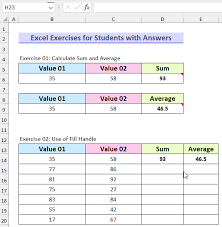 excel exercises for students with