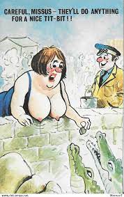 Humour - Careful Missus - They'll do Anything fot a nice tit bit - Femme gros  seins - crocodiles - gardien - Great Britain