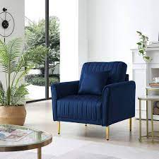 blue velvet sofa chair channel tufted
