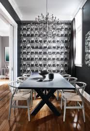 75 dark wood floor and wallpaper dining