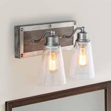 Amazon Com Log Barn 2 Lights Bathroom Lighting In Real Distressed Wood And Brushed Antique Silver Finish With Cone Clear Glass Shades 14 1 Vanity Light Fixture Home Kitchen