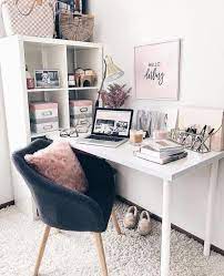A bulky desk chair can be a serious eyesore, so consider adding a sleek white one to your home office instead. Cute Desk Decor Ideas For Your Dorm Or Office Desk Decor Ideas Cute Chic Office Homedecoratingideasapartme Cute Desk Decor Room Decor Home Office Decor