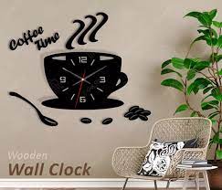 Coffee Cup Wall Clock Kitchen 3d Wooden