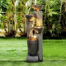 Watnature 40 In Resin Fiber Modern Outdoor Fountain 4 Tier Garden Water Feature W Soothing Sounds Led Lights For House Office