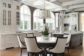 brown kitchen with coffered ceiling