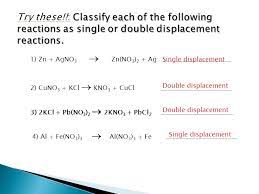 Types of reactions include single displacement, double displacement, synthesis, decomposition and combustion. Classifying Chemical Reactions Ppt Download