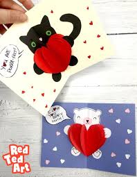 Cut out a rectangle of patterned paper slightly smaller than the front of your blank card. Easy Pop Up Bear Heart Card Red Ted Art Valentines Day Cards Handmade Pop Up Valentine Cards Valentines Day Cards Diy