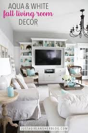 aqua and white fall living room decor
