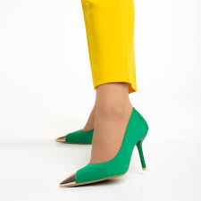 Pantofi dama verzi din material textil cu toc Melany - Kalapod