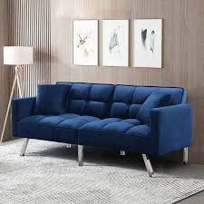 Urtr 32 In W Flared Arm Sofa Velvet Upholstery Bed Sofa Modern Straight Sofa With 2 Pillows Wood Frame Sofa In Navy Blue