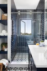 Shower With Glossy Blue Stacked Tiles