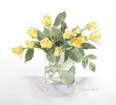 Yellow Roses In Glass Vase Original