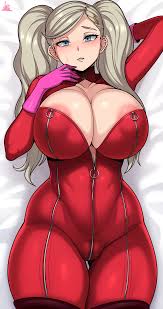 jmg, takamaki anne, persona, persona 5, absurdres, highres, 1girl, areola  slip, blonde hair, bodysuit, breasts, bursting breasts, huge breasts,  looking at viewer, lying, nipples, on back, on bed, skin tight, solo,  thighs -