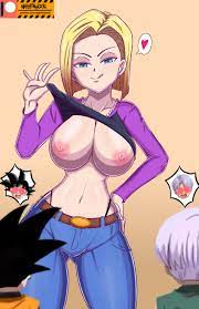 android 18, son goten, trunks (dragon ball), dragon ball, absurdres,  highres, 1girl, 2boys, age difference, blonde hair, breasts, cleavage,  large breasts, multiple boys, shota 