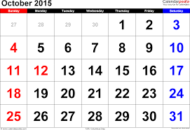 October 2015 Calendars For Word Excel Pdf