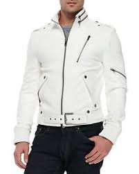 Details About Mens Fashion White Genuine Leather Up Collar Jacket Soft Leather Biker Jacket
