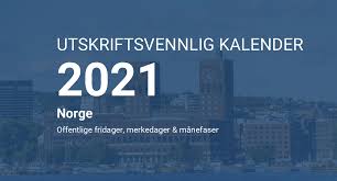 Kalender for år 2021 (norge). Gratis Utskriftsvennlig Kalender Med Helligdager