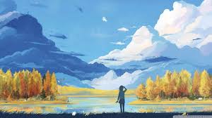 Autumn scene painting, tree, autumn, woman, lake, HD wallpaper | Peakpx